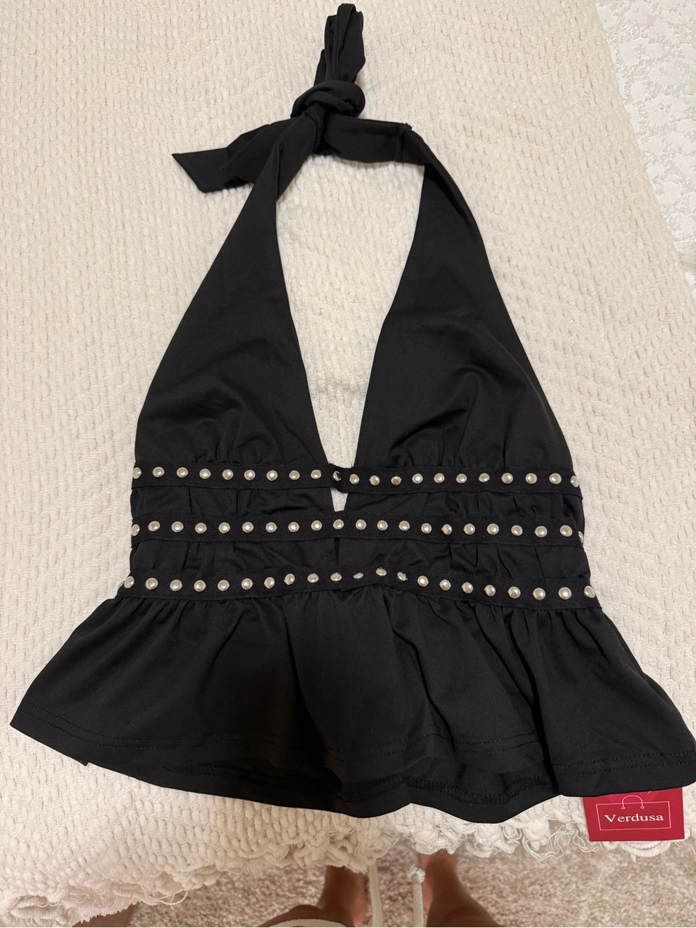 Verdusa Black Studded Halter Tankini Top